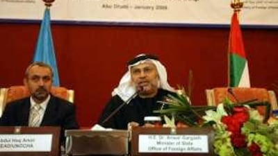Dr Anwar Gargash, right, Minister of State for Foreign Affairs, and Abdul Haq Amiri, the head of the UN Office for the Co-ordination of Humanitarian Affairs, attend a donors meeting focusing on aid for Palestinians in the Gaza Strip at the InterContinental hotel in Abu Dhabi.