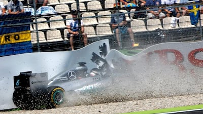Lewis Hamilton of Mercedes GP crashes during qualifying ahead of the German Grand Prix at Hockenheimring on July 19, 2014. Getty Images