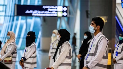 A medical team from the Saudi Health Ministry waiting for the first group of arrivals for the annual Hajj pilgrimage. AFP