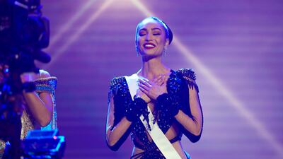 Gabriel reacts after being selected among the final three at the 71st Miss Universe competition. AP Photo