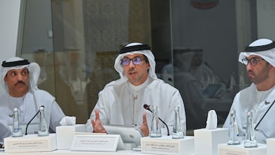 Sheikh Mansour bin Zayed, Deputy Prime Minister and Minister of the Presidential Court, with Dr Sultan Al Jaber, Minister of industry and Advanced Technology, and managing director and group chief executive of Adnoc. Photo: Wam