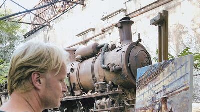 A Tom Young painting entitled 'Rayak Train Sketch' in the Riyaq Factory. Photo by Eddy Choueiry