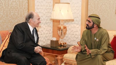 Vice President and Ruler of Dubai Sheikh Mohammed bin Rashid received Aga Khan IV, Imam of the Shia Ismaili Muslims, in Dubai on Tuesday. Courtesy: Wam