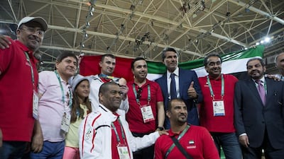 UAE judoka Sergiu Toma and Naser Al Tamimi celebrate with the UAE contingent. Courtesy Gabriela Sabau