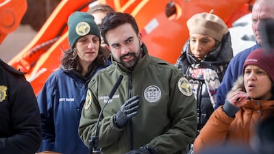 Zohran Mamdani, Mayor of New York, centre, at a news conference on the city's weather preparations at Spring Street Salt Shed, in New York. Bloomberg