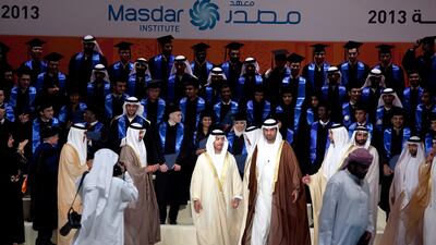 Abu Dhabi, United Arab Emirates, June 11, 2013: (Center left) HH Sheikh Hazza bin Zayed, the National Security Adviser and vice chairman of the Executive Council of Abu Dhabi, walks along Dr. Sultan al Jaber, the Managing Director and CEO of Masdar, during the Masdar's 2013 graduation ceremony on Wednesday evening, June 12, 2013 at the Emirates Palace in Abu Dhabi. Silvia Razgova / The National *** Local Caption *** sr-130612-masdargrad32.jpg