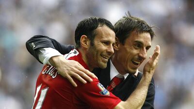 Giggs celebrates with Gary Neville after winning the Premier League in 2008. Reuters