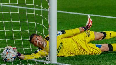 Getafe's goalkeeper David Soria fails to stop Barcelona's second goal. AP