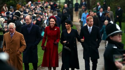 Prince Charles, Prince William, Catherine, Duchess of Cambridge, Prince Harry and Meghan, Duchess of Sussex arrive at St Mary Magdalene's church in eastern England in December 2018. Reuters