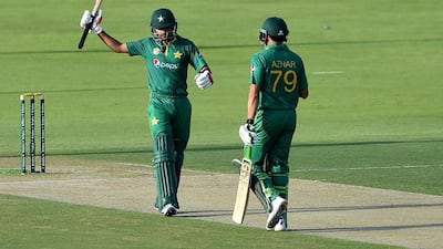 Babar Azam of Pakistan celebrates scoring a half century against West Indies in the final ODI last week. Tom Dulat / Getty Images / October 5, 2016