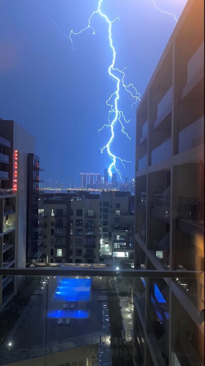 A lighting strike is seen over the skies of the emirates after heavy rain. Tala Nassar