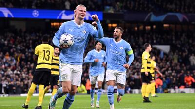 Erling Haaland celebrates scoring Manchester City's first goal in the 3-0 win over Young Boys. AFP