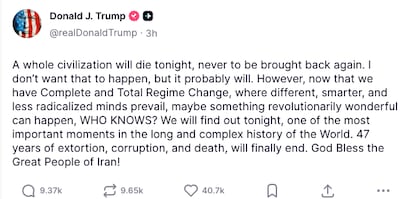 US President Donald Trump posted this message on Truth Social on April 7, 2026.