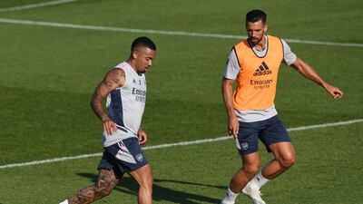 Gabriel Jesus and Pablo Mari of Arsenal during the training session at Adidassler Sportplatz in Herzogenaurach, Germany. All pictures Getty Images