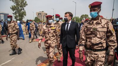 French President Emmanuel Macron arrives to attend the state funeral for the late Chadian president Idriss Deby in N'Djamena. EPA