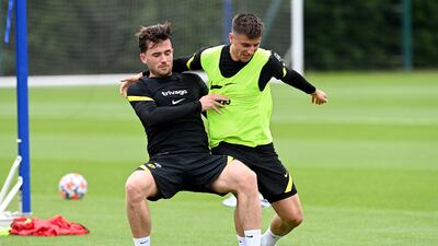 COBHAM, ENGLAND - AUGUST 13: Ben Chilwell and Mason Mount of Chelsea during a training session at Chelsea Training Ground on August 13, 2021 in Cobham, England. (Photo by Darren Walsh/Chelsea FC via Getty Images)