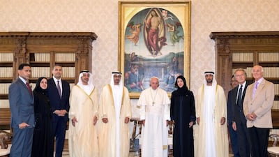 Sheikh Mohammed bin Zayed, Crown Prince of Abu Dhabi and Deputy Supreme Commander of the Armed Forces, and his delegation with Pope Francis. Claudio Peri / AFP