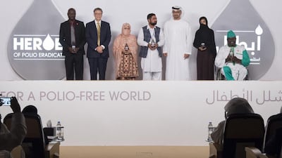Sheikh Mohammed bin Zayed, Crown Prince of Abu Dhabi and Deputy Supreme Commander of the Armed Forces, with Bill Gates and heroes from left, Constant Dedo, Freeda, Atta Ullah, Bibi Malika and Lawan Didi Misbahu. Mohamed Al Suwaidi / Crown Prince Court – Abu Dhabi