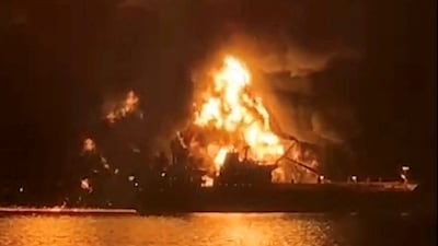 One of the ships on fire in Iraqi waters. Reuters