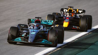 George Russell leads Red Bull's Max Verstappen during the sprint race. Getty