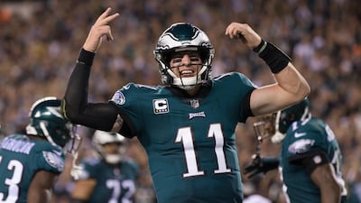 Philadelphia Eagles quarterback Carson Wentz celebrates after setting up a touchdown against the Washington Redskins during the fourth quarter at Lincoln Financial Field. Bill Streicher / USA Today