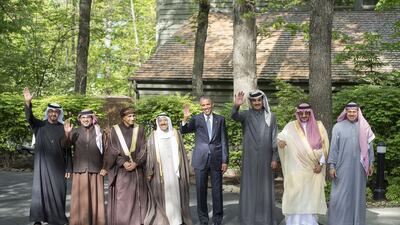 From left to right: Sheikh Mohammed bin Zayed poses for a photo with Bahrain Crown Prince Salman bin Hamad Al Khalifa; Sayyid Fahd bin Mohmoud, the deputy prime minister for the Council of Ministers of Oman; Sheikh Sabah Al Ahmad Al Sabah, the Emir of Kuwait; US president Barack Obama; Sheikh Tamim bin Hamad, the Emir of Qatar, Saudi Crown Prince Mohammed bin Nayef and Dr Abdullatif Al Zayani, the Gulf Cooperation Council Secretary General. Sharina Lootah / Crown Prince Court - Abu Dhabi / May 14, 2015