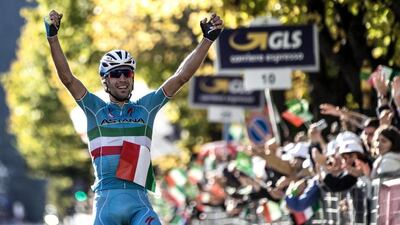 Italian rider Vincenzo Nibali of Astana Pro Team celebrates winning the Giro di Lombardia cycling race, over 245 km from Bergamo to Como, Italy. Angelo Carconi / EPA