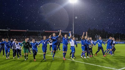 Iceland's players celebrate after their Euro 2016 qualifying win over Kazakhstan on Sunday. EPA Photo / September 6, 2015