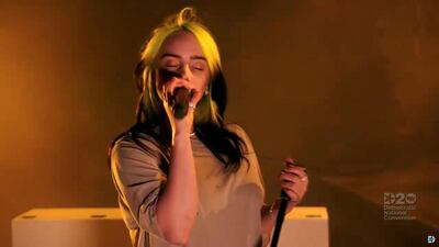 Singer Billie Eilish performs during the virtual 2020 Democratic National Convention as participants from across the country are hosted over video links from the originally planned site of the convention in Milwaukee, Wisconsin, U.S. REUTERS