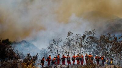 Firefighters work a wildfire burning along the foothills in Duarte, California. Watchara Phomicinda / San Gabriel Valley Tribune via AP