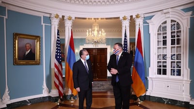 Armenian Foreign Minister Zohrab Mnatsakanyan (L) meets with US Secretary of State Mike Pompeo to discuss the conflict in Nagorno-Karabakh, at the State Department in Washington, DC, on October 23, 2020. AFP