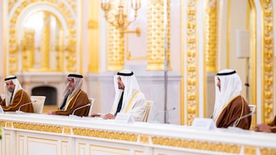 Sheikh Mohamed during a meeting in Moscow, alongside Sheikh Hamdan bin Mohamed, Deputy Chairman of the Presidential Court for Special Affairs, Sheikh Hamed bin Zayed, Managing Director of the Abu Dhabi Investment Authority, and Sheikh Mohamed bin Hamad, Adviser to the UAE President