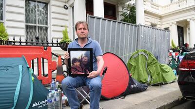 epa07657902 Richard Ratcliffe, the husband of imprisoned Nazanin Zaghari-Ratcliffe poses for a portrait outside the Iranian Embassy in London, Britain, 19 June 2019. Nazanin Zaghari-Ratcliffe has begun a new hunger strike in the Iranian jail. Zaghari-Ratcliffe was jailed for five years in Iran in 2016 after being convicted of spying, which she denies. Mr Ratcliffe is continuing his hunger strike in solidarity with his wife. EPA/FACUNDO ARRIZABALAGA