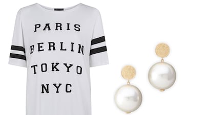 Indulge your sporty side while keeping it feminine in a dazzling metallic maxi and jersey-style tee. Turn up the volume with a combination of python pumps, a pastel cross-body bag and oversized pearls. 1. T-shirt, Dh85, New Look. 2. Skirt, Dh960, Jigsaw, Yas Mall, 02 565 1370; The Dubai Mall, 04 339 8644. 3. Earrings, Dh455, Sretsis at s*uce, The Dubai Mall, 04 339 9696. 4. Bag, Dh10,780, Chloé at Harvey Nichols, Dubai. 5. Heels, Dh170, Next, Marina Mall, 02 681 1124; The Dubai Mall, 04 339 9685.