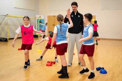 Manchester United goalkeeper Senne Lammens during his visit to Partington Central Academy Primary School. Photo: Manchester United Football Club
