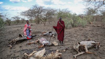 Saito Ene Ruka (R) who said he had lost 100 cows to drought, and his neighbour Kesoi Ole Tingoe, who lost 40, near Lake Magadi, Kenya. AP
