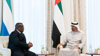 Sheikh Mohamed bin Zayed, Crown Prince of Abu Dhabi and Deputy Supreme Commander of the Armed Forces, receives Julius Maada Bio, President of Sierra Leone, on Sunday. Photo: Ministry of Presidential Affairs