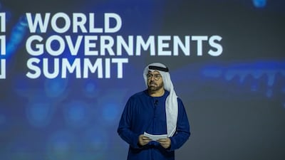 Mohammed Al Gergawi, UAE Minister of Cabinet Affairs and Chairman of the World Governments Summit, speaking at the opening of the summit in Dubai. He said AI was one of the four forces reshaping the world. Antonie Robertson / The National