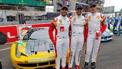 From left, Khaled Al Qubaisi, Abdulaziz bin Turki Al Faisal and Andrea Bertolini found the going as tough as expected but managed to finish 10th in their class at the 24 Hours of Le Mans. Stephane Mahe / Reuters