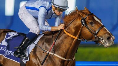 Mickael Barzalona on Hypothetical wins the Group 1 Al Maktoum Challenge Round-3 at the Super Saturday meeting at Meydan on March 5, 2022. DHRIC