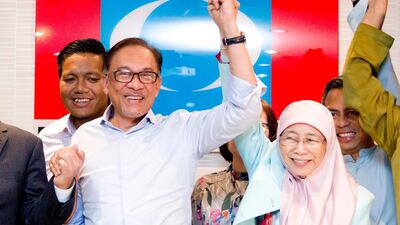 Malaysia's prime minister-in-waiting Anwar Ibrahim with his wife, deputy prime minister Wan Azizah Wan Ismail. Yam G-Jun / AP