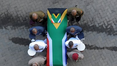 The coffin of Winnie Madikizela-Mandela is carried into Orlando Stadium for the official state funeral in Soweto, Johannesburg. EPA
