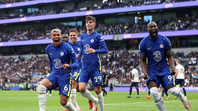 Thiago Silva celebrates with Romelu Lukaku and Kai Havertz of Chelsea after scoring their team's first goal against Tottenham Hotspur on Sunday, September 19, 2021. Getty