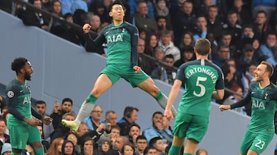 Tottenham Hotspur's South Korean striker Son Heung-min celebrates after scoring to make it 2-1 against Manchester City. AFP