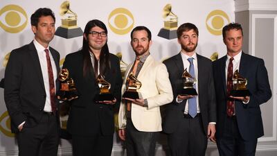 The Lost Bayou Ramblers, winners of the Best Regional Roots Music Album award for 'Kalenda,' pose in the press room. AFP
