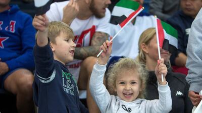 UAE fans cheering on the Abu Dhabi Storms during their win over Belarus in the President's Cup final at the Zayed Sport City Ice Rink. Leslie Pableo for The National