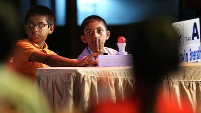 Aswin Narayanan, left, and Sreeradh Radhakrishnan won the junior round of the Talent Search Quiz Competition yesterday.