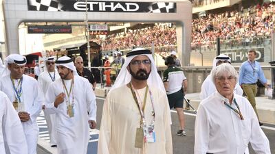 Sheikh Mohammed bin Rashid, Vice President and Ruler of Dubai, with Bernie Ecclestone, the chief executive of F1 at the Abu Dhabi Grand Prix. Wam