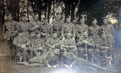 Jack, on the far left, with the junior officers of the First Tyneside Scottish brigade of the Northumberland Fusiliers. Courtesy John Donaldson