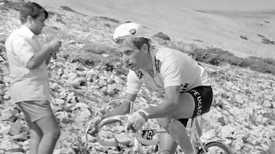 Picture dated July 1967 of British cyclist Tom Simpson cycling during the 1967 Tour de France, during which the 29-year-old cyclist died after he fainted during the stage Marseille-Carpentras in the Mont-Ventoux climb. Photo prise en juillet 1967 du cycliste britannique Tom Simpson, 29 ans, en action pendant le Tour de France 1967. Le cycliste est dÈcÈdÈ pendant ce tour sur le bord de la route à la suite d'une dÈfaillance au cours de l'Ètape Marseille-Carpentras.